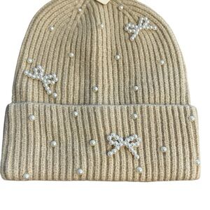 Elegant Tan Beanie with Pearl Accents